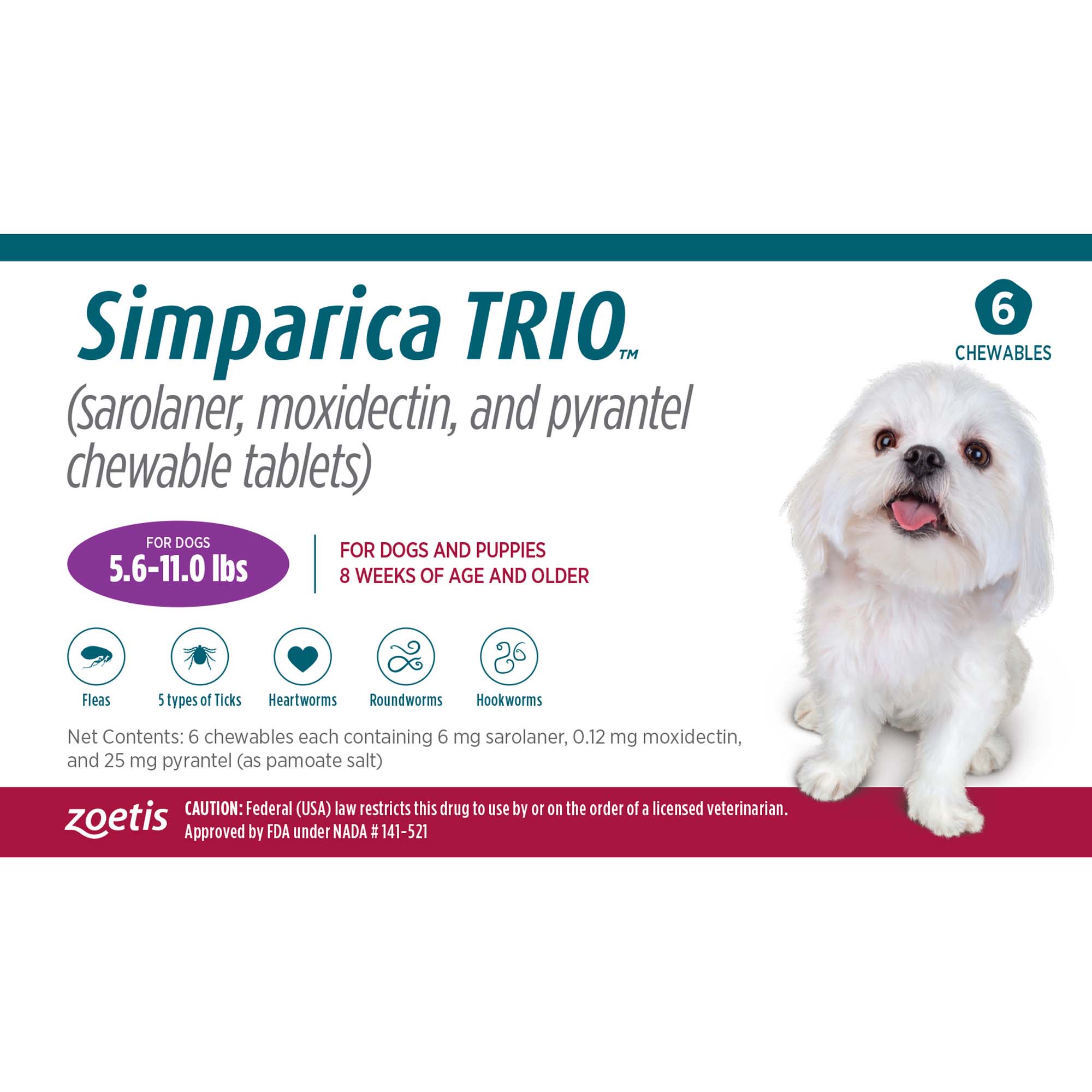 Simparica Trio 5.6-11 lbs. Dogs， 6 Month Supply