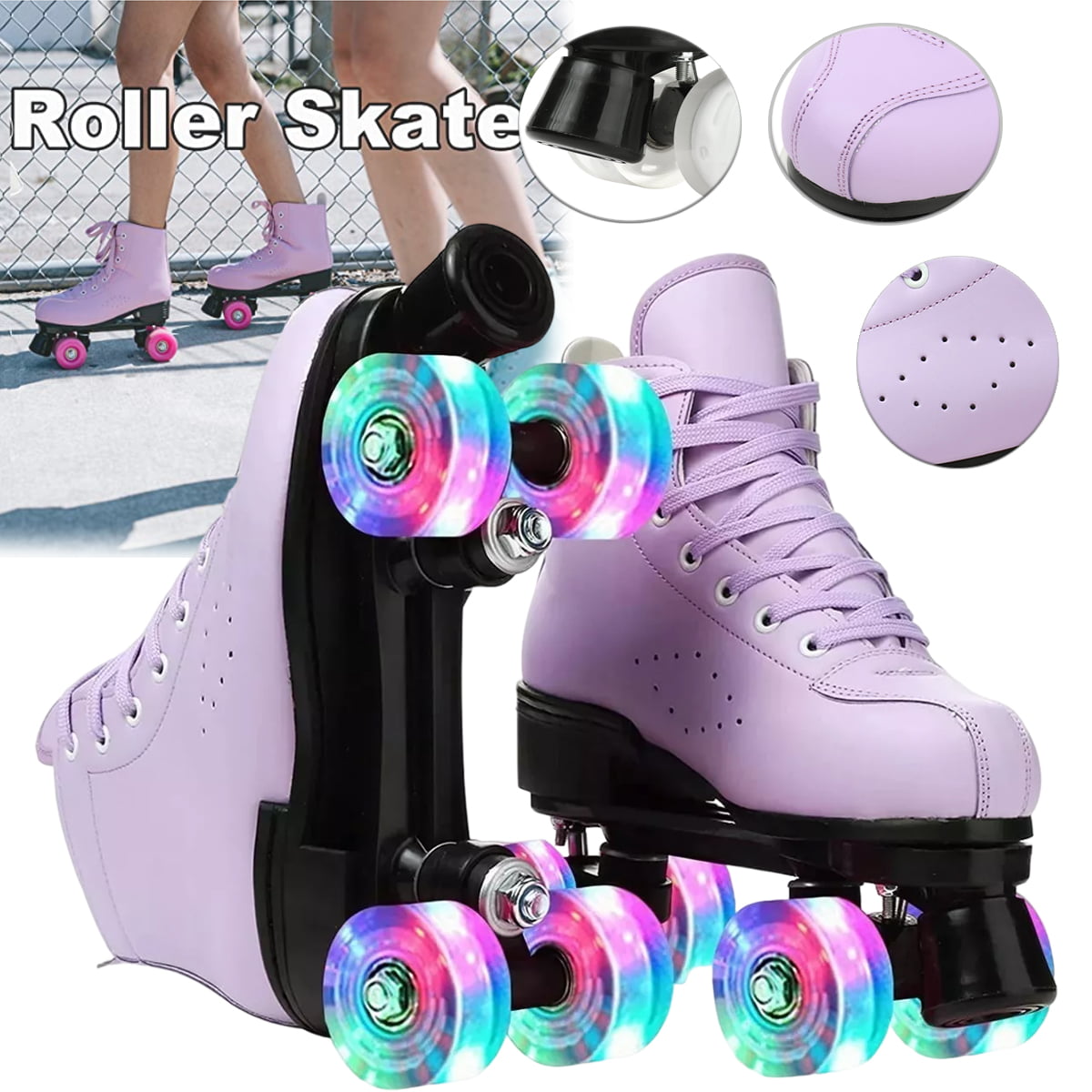 Roller Skate Shoes for Women Men， PU Leather Double-Row Roller Skates for Beginner， Professional Indoor Outdoor Roller Skates with Shoes Bag， Size 7