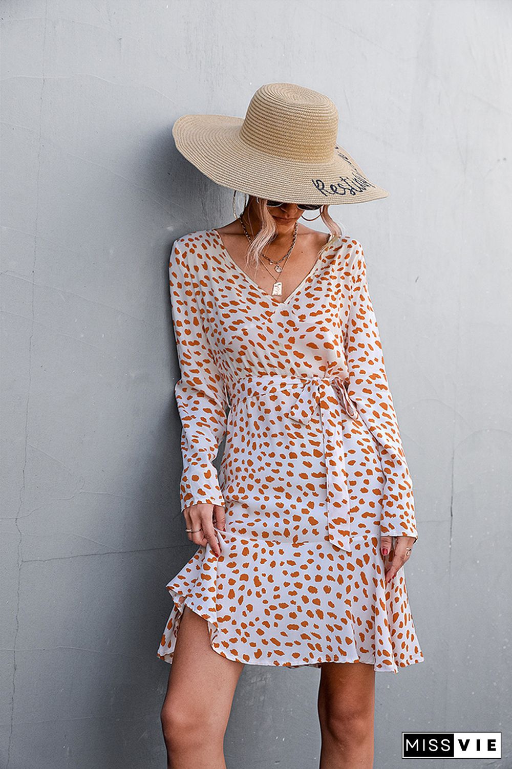 Polka Dot Long Sleeve Midi Dress Wholesale