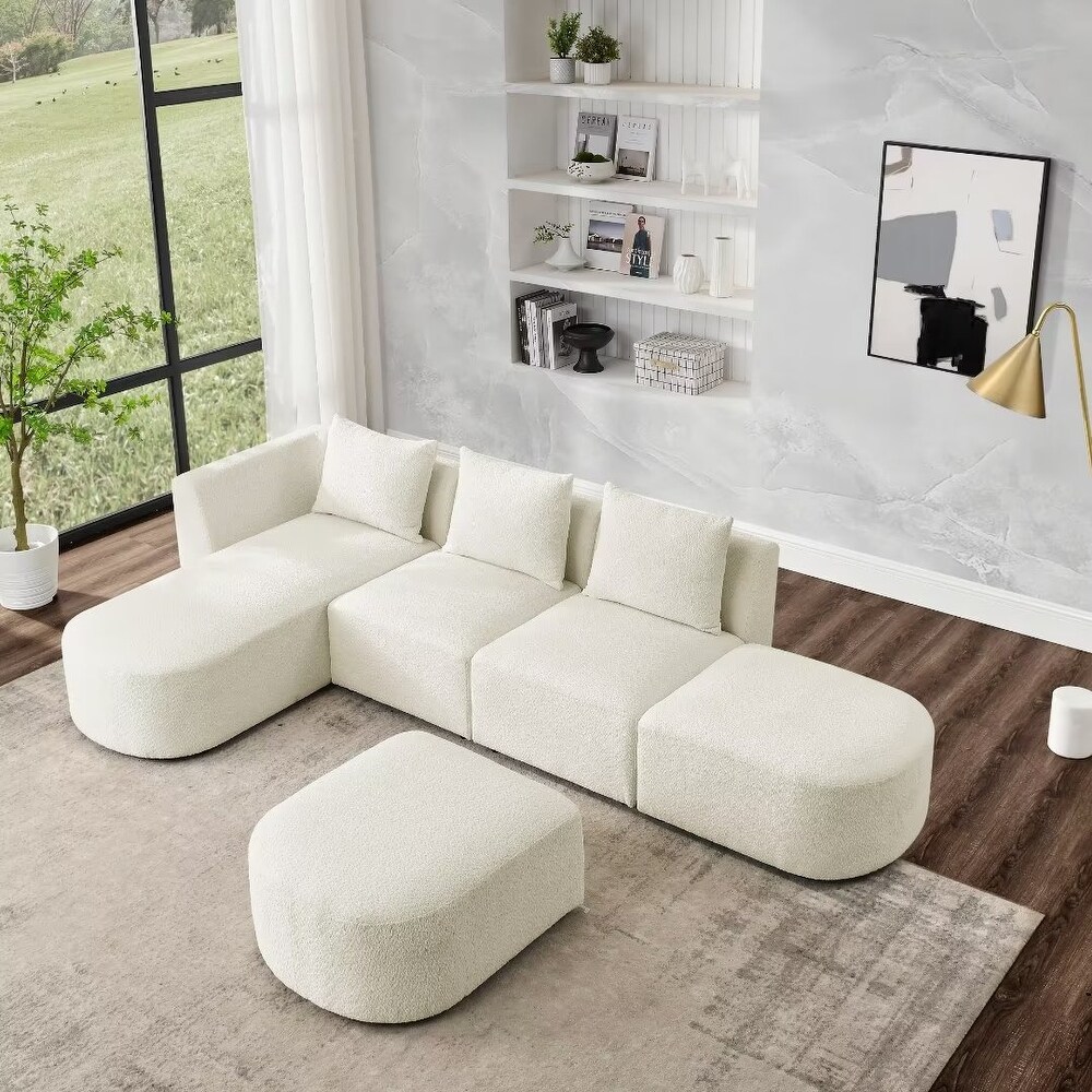 L Shape Sectional Sofa with Chaise and Ottoman  Loop Yarn Fabric