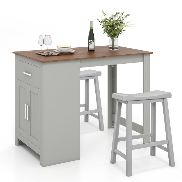 Costway 3 Pieces Bar Table Set Pub Dining Table With Saddle Stools amp Storage Cabinet Grey