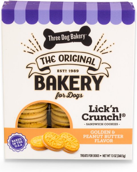 Three Dog Bakery Lick'n Crunch Sandwich Cookies Golden and Natural Peanut Butter Flavor Dog Treats