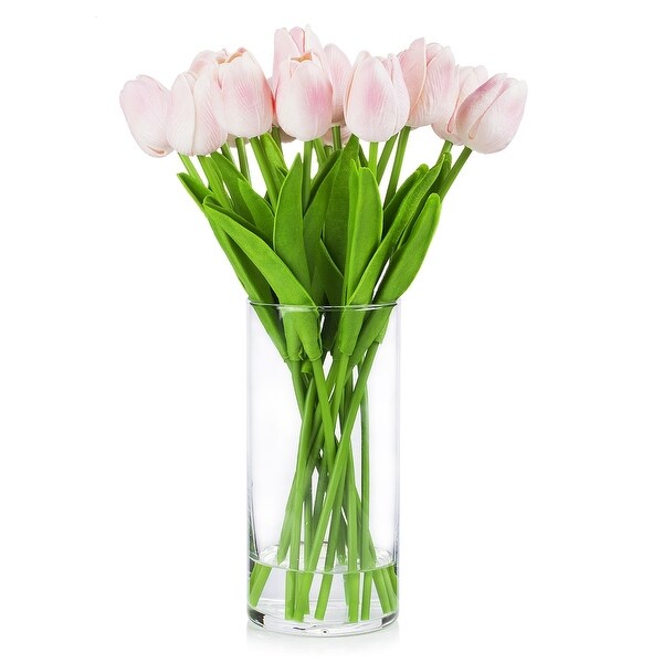 Enova Home Artificial Real Touch Tulips Fake Silk Flowers Arrangement in Clear Glass Vase with Faux Water for Home Decoration