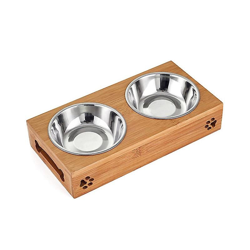 Bamboo stand double dog bowl