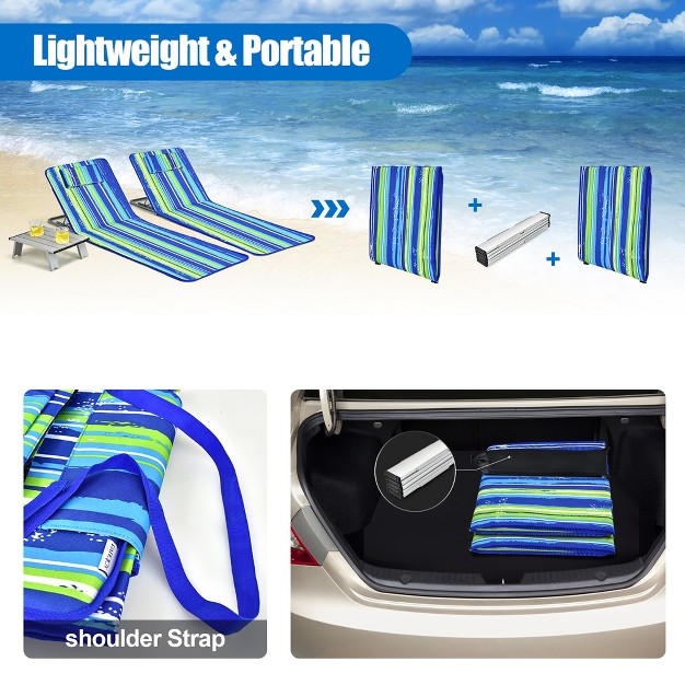 Costway 3 piece Beach Lounge Chair Mat Set 2 Adjustable Lounge Chairs With Table Blue stripe