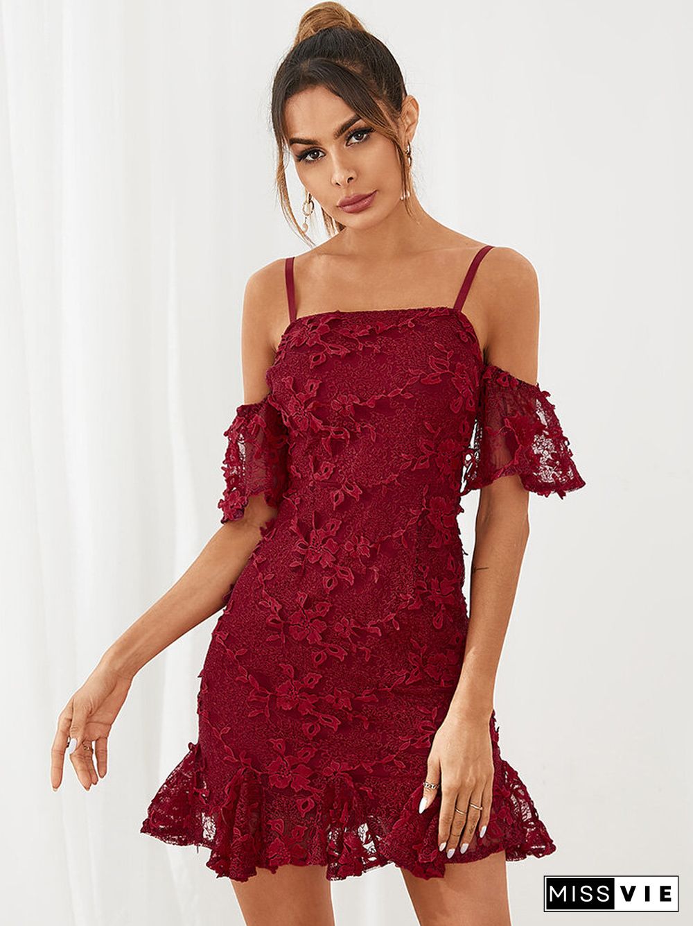 Solid Backless Strap Off The Shoulder Short Sleeve Lace Dress