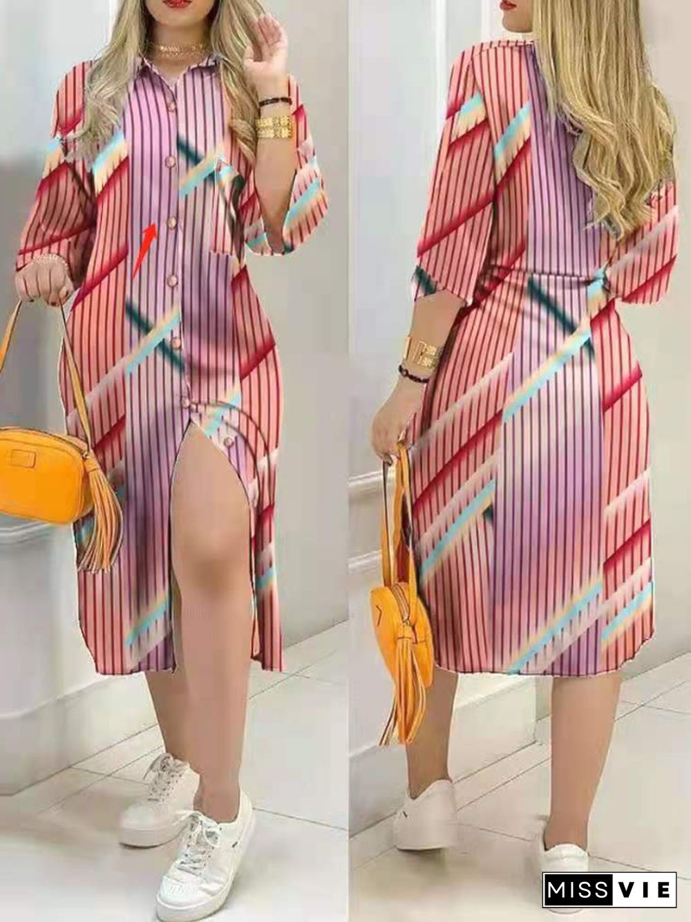 New printed button pocket long sleeve shirt dress long skirt