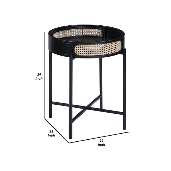 Bert 24 Inch Round End Table， Rattan Apron Accent， Metal Legs， Black