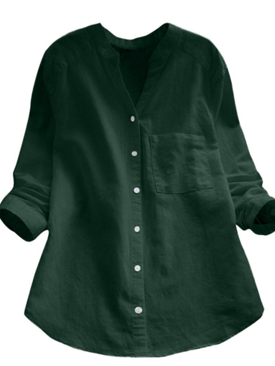 65% Off Autumn Spring V-Neck Linen Plain Shirts & Blouses