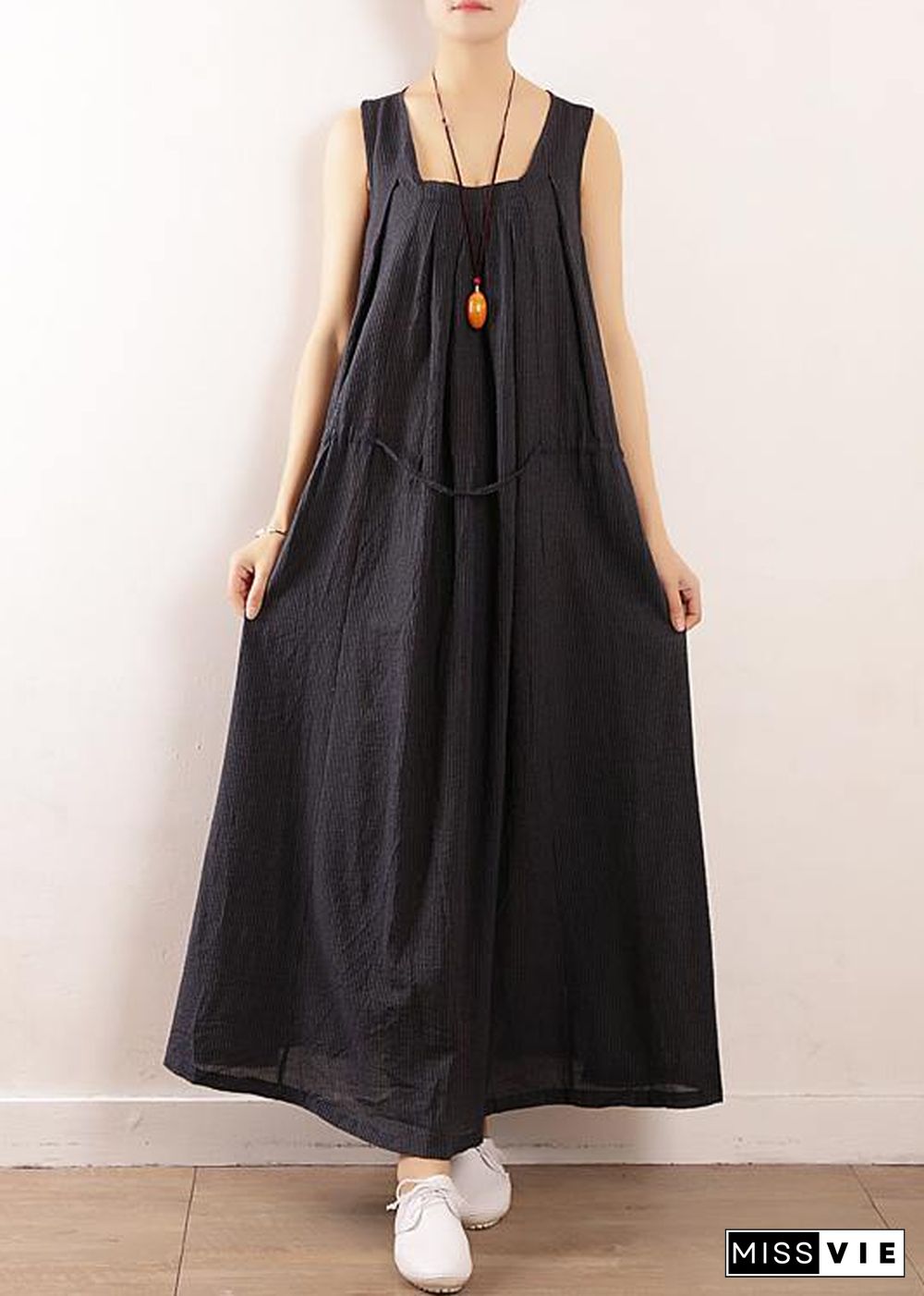 Elegant dark blue linen cotton Robes Fine Sewing Sleeveless drawstring Maxi Summer Dresses