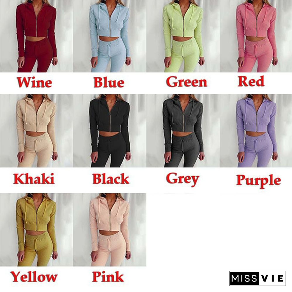 New Womens Tracksuit Zipper Sexy Long Sleeve Crop Tops Hoodies+Long Pants Two Piece Sets Sportwear Clothes 2 Piece Outfits Women