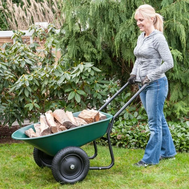 Garden Star Dual Wheel， Poly Tray Yard Rover Wheelbarrow， Green