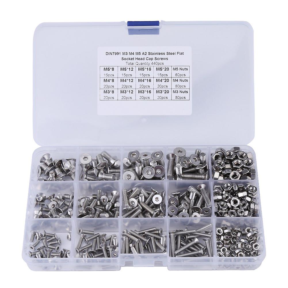 440pcs M3 M4 M5 Stainless Steel Hex Socket Flat Head Screw Bolts and Nuts kit