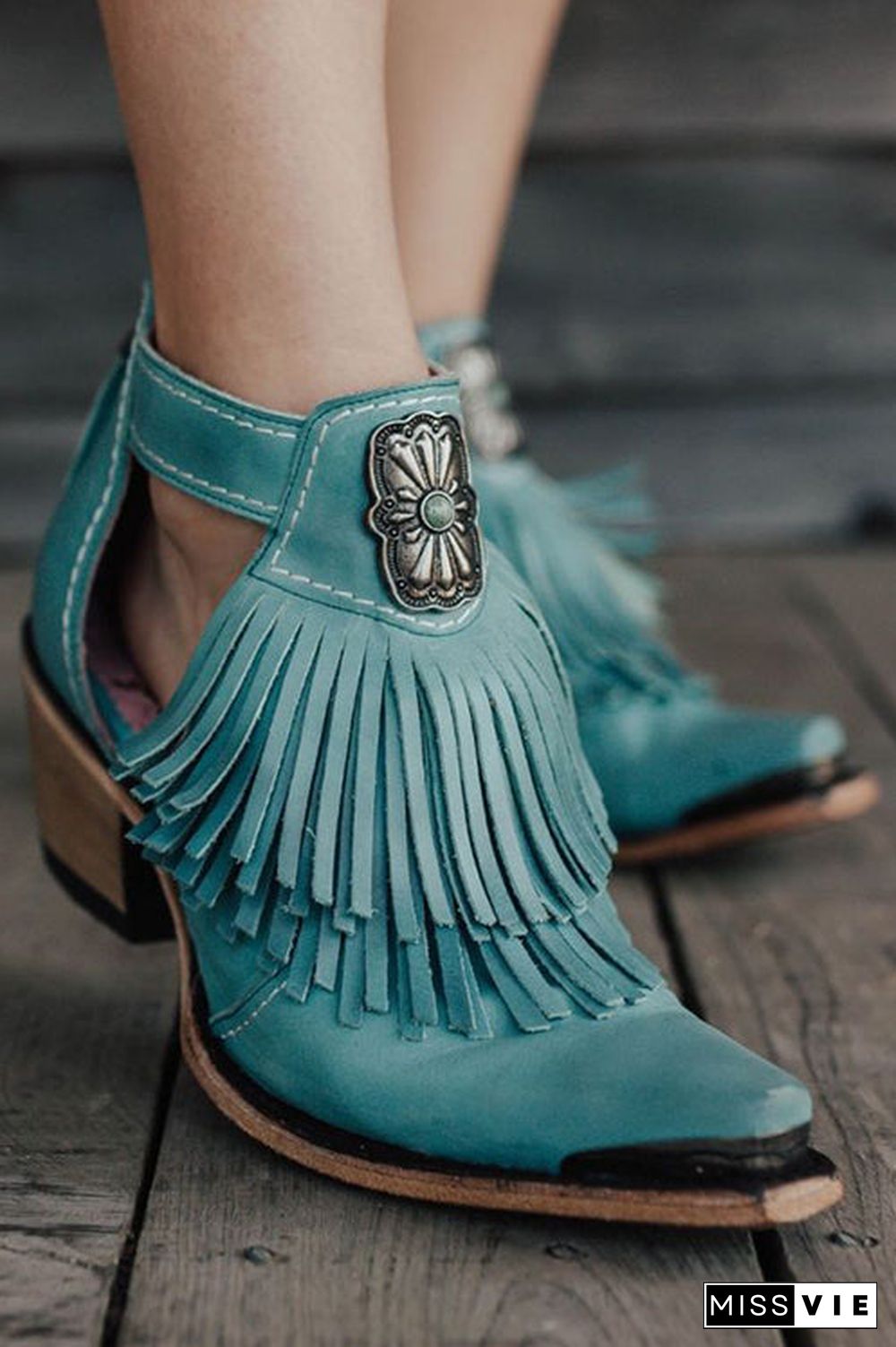 Hollow Tassels Chunky Heels Ankle Boots