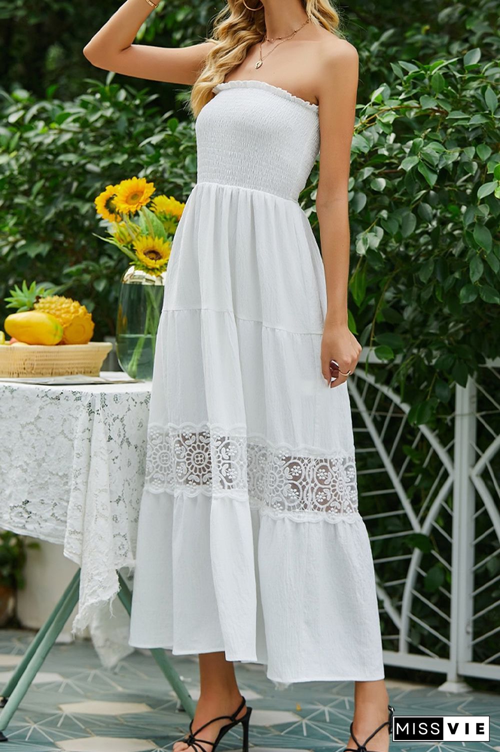 White Smocked Bandeau Lace Hollow Out Maxi Dress