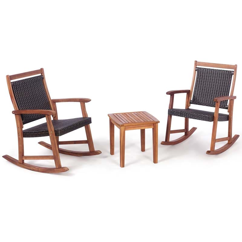 3 Pcs Acacia Wood Patio Rocking Chair Set with Side Table, Rattan Wicker Outdoor Rocking Bistro Set