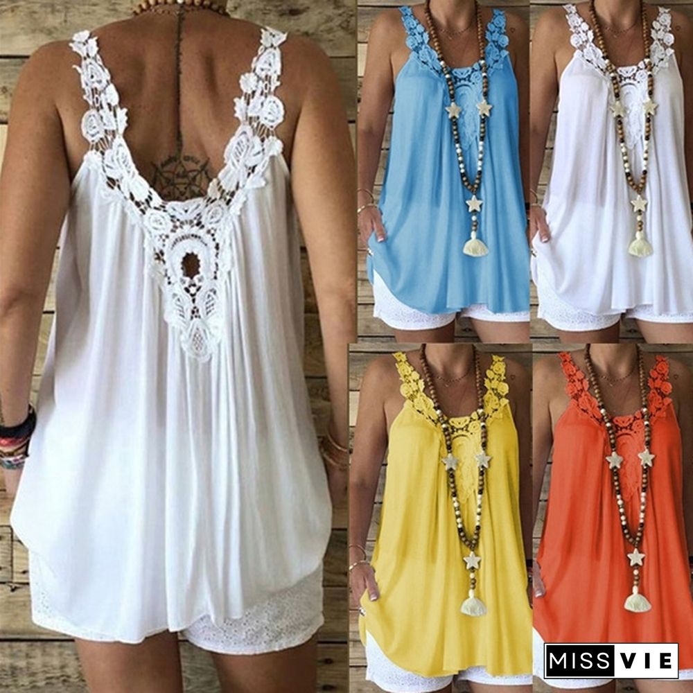 Women Fashion Plus Size Loose Casual Pure Color Lace Sleeveless Camisole Summer Tank Tops