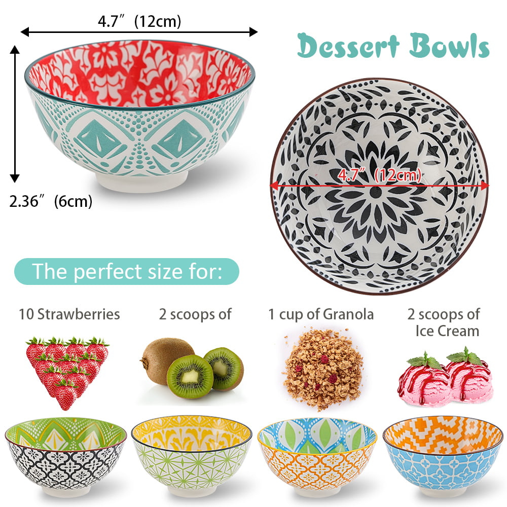 AHX 10-oz Porcelain Dessert Bowls Cereal Bowl，4.75 inch Colorful Small Bowls，Round Ceramic Bowl Set of 6