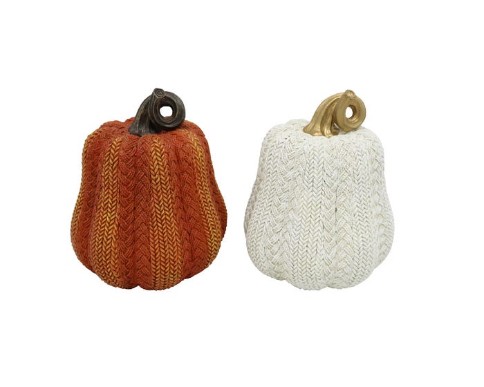 Four Seasons STEADY HOME™ 9-inch Polyresin Harvest pumpkin decor - 2 Assorted - Orange and White Gourd Knit - ZH221533