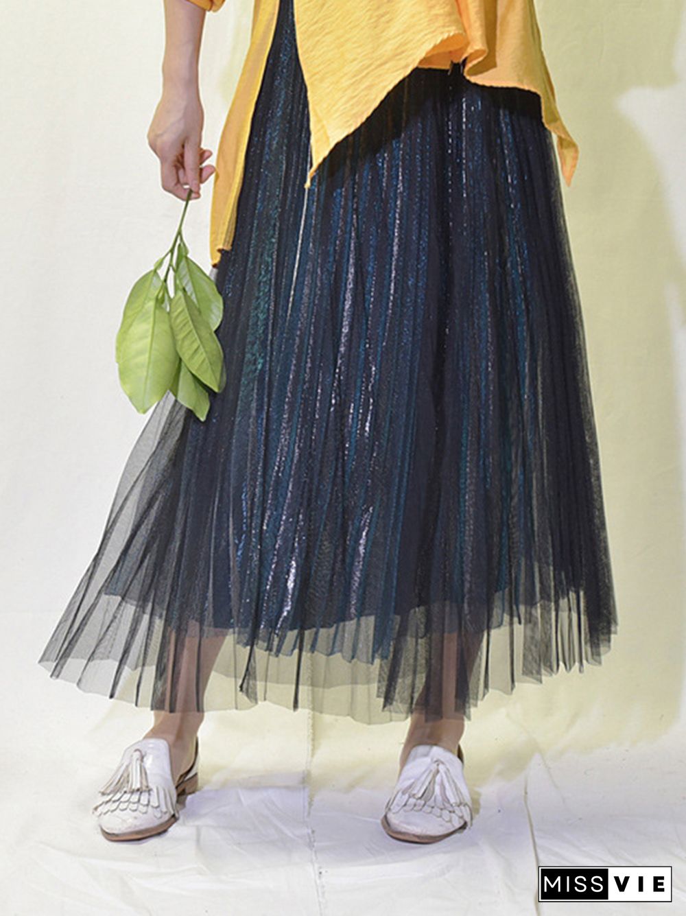 Urban A-Line Elastic Waist Mesh Pleated Skirts