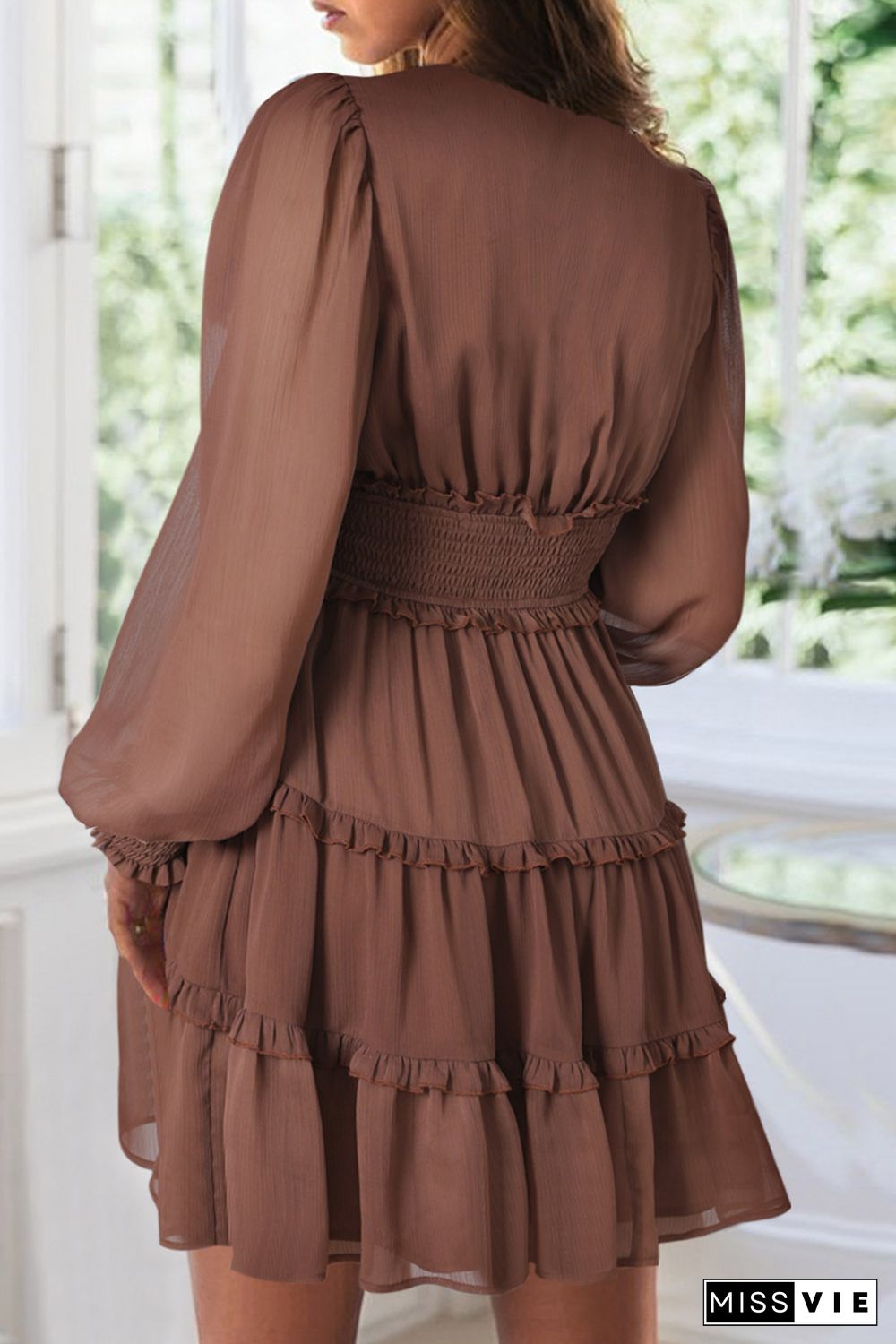 Brown Frill Smocked Detail Sheer Long Sleeve Dress