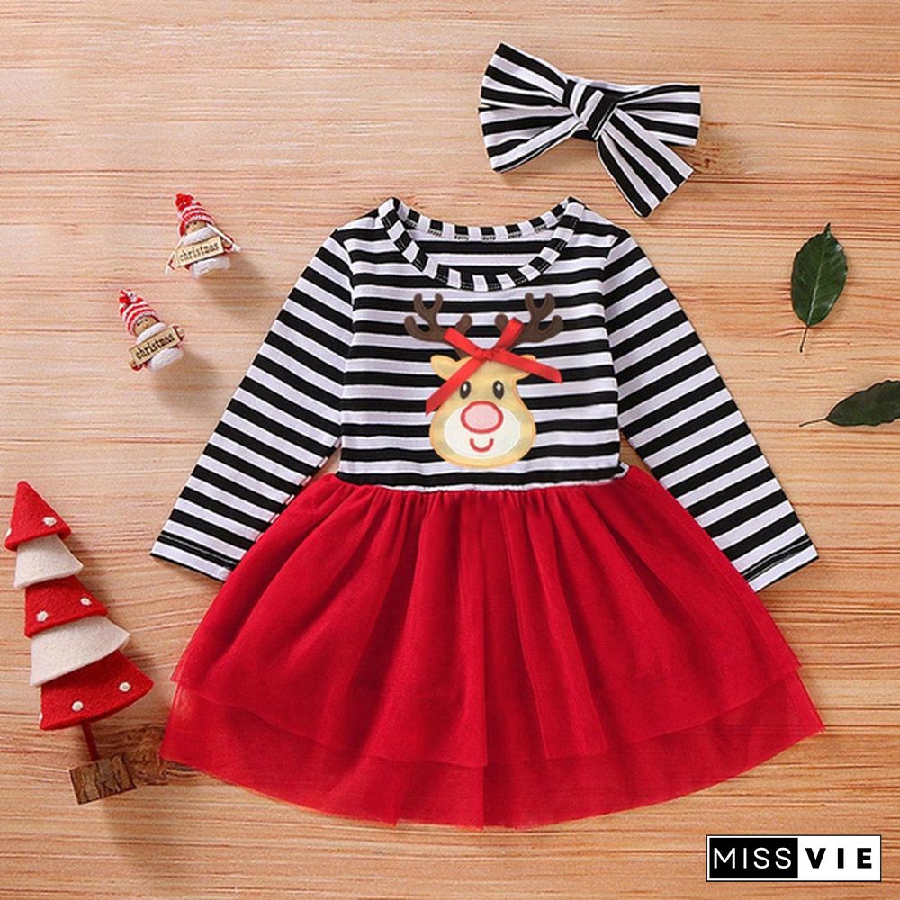 Toddler Baby Girls Christmas Santa Striped Print Tulle Dress+Headband Outfits