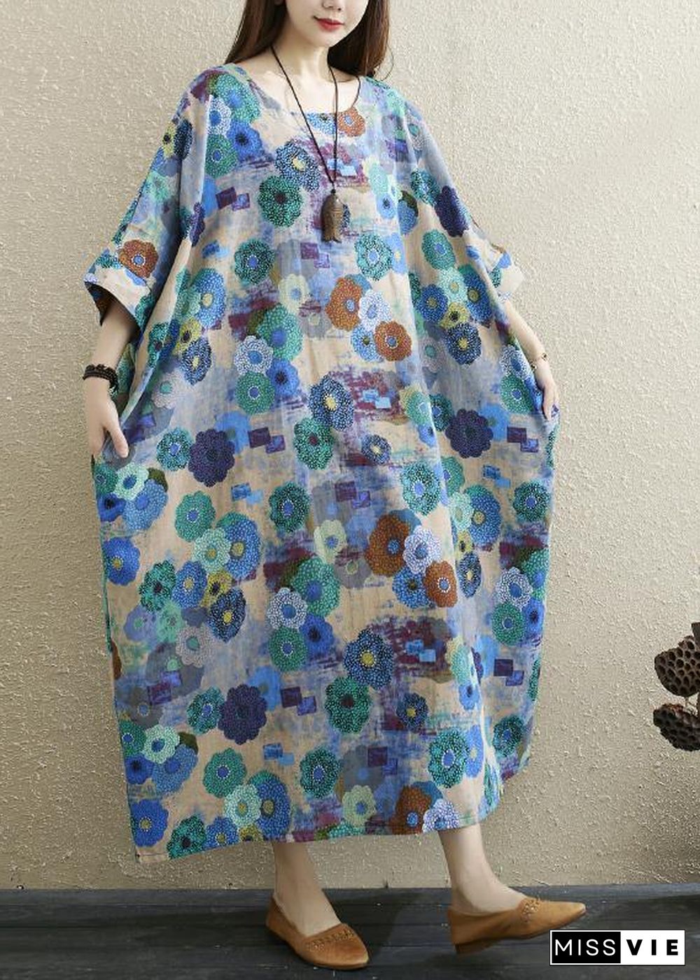 Boutique Print Batwing Sleeve Pocket Summer Cotton Dress