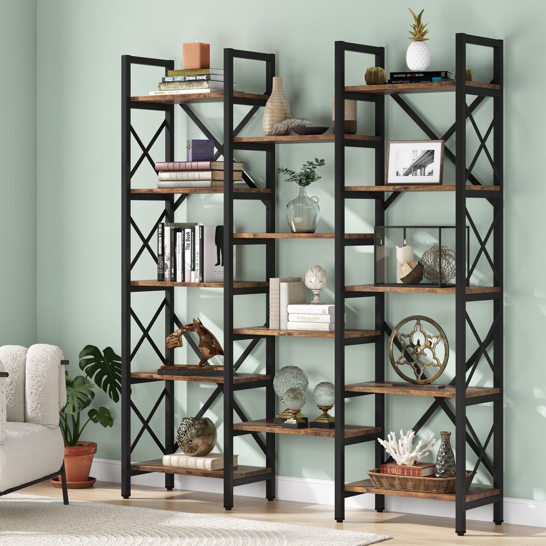 59 Bookshelf, Triple Wide 5-Shelf Bookcase Display Rack