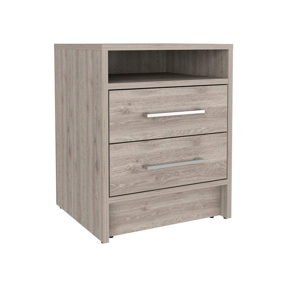 Wooden Nightstand with Two Drawers and Metal Handles