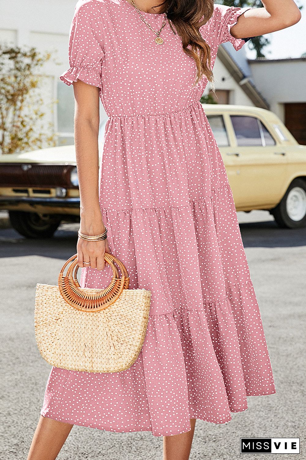 Polkadot Print Puff Sleeve Long Dress Wholesale