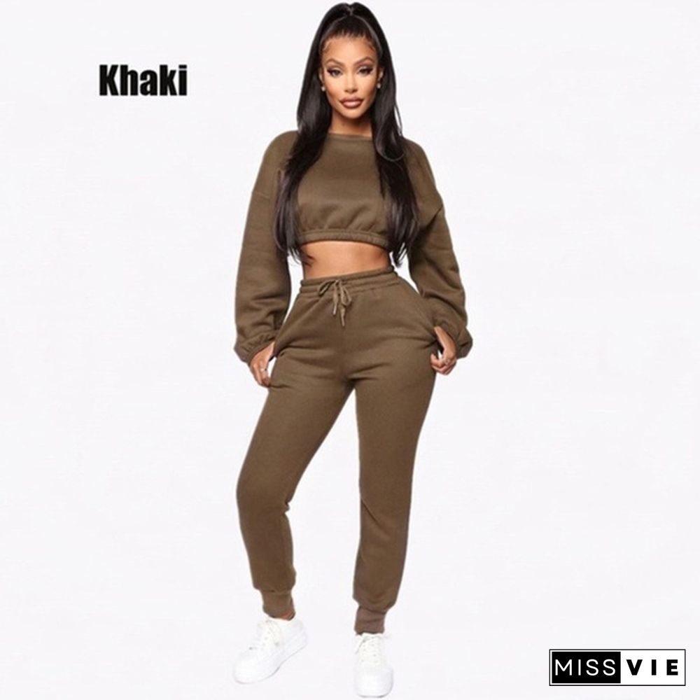 Winter Fleece Hoodies Tops And Pants Two Piece Set Women Tracksuit Crop Top Trousers Casual Sportswear Matching Set