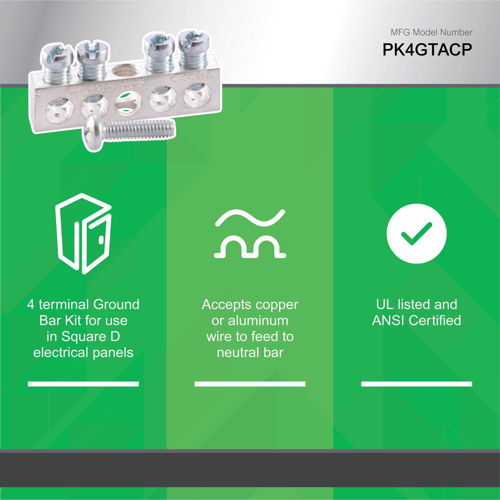 Square D 4 Terminal Ground Bar Kit for QOHomeline Electrical PanelLoad Center PK4GTACP