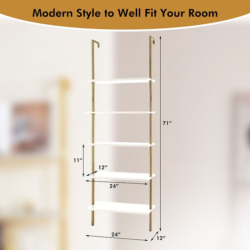 5 Tier Ladder Shelf Wall-Mounted Bookcase with Steel Frame-Golden