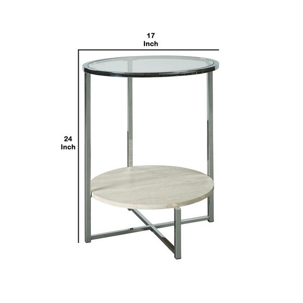 48 Inches Round Glass Top End Table with Stone Shelf， Clear and Chrome