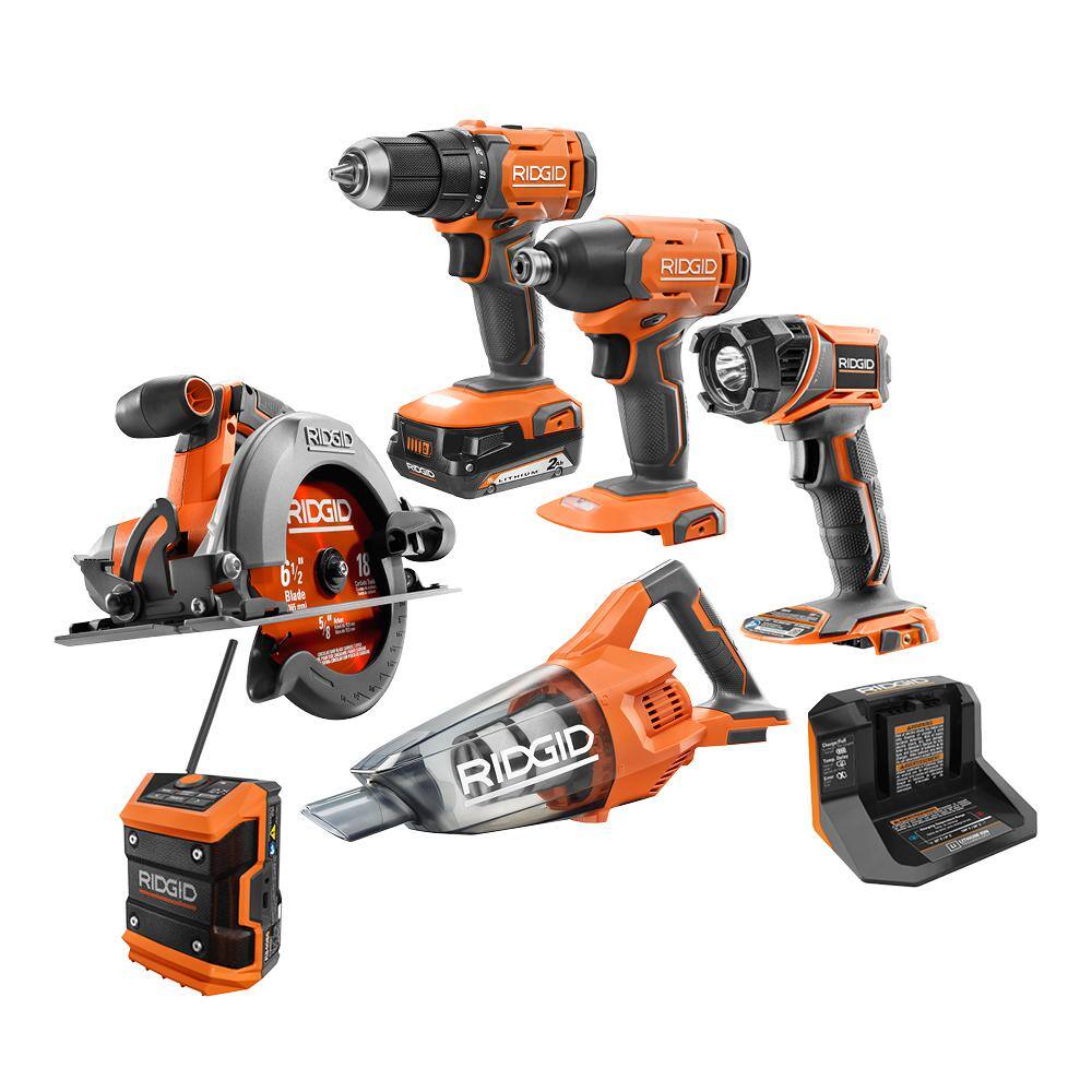 RIDGID 18V Cordless Combo Kit (6-Tool) with (1) 2.0 Ah Battery Charger and Tool Bag R9638SB2N