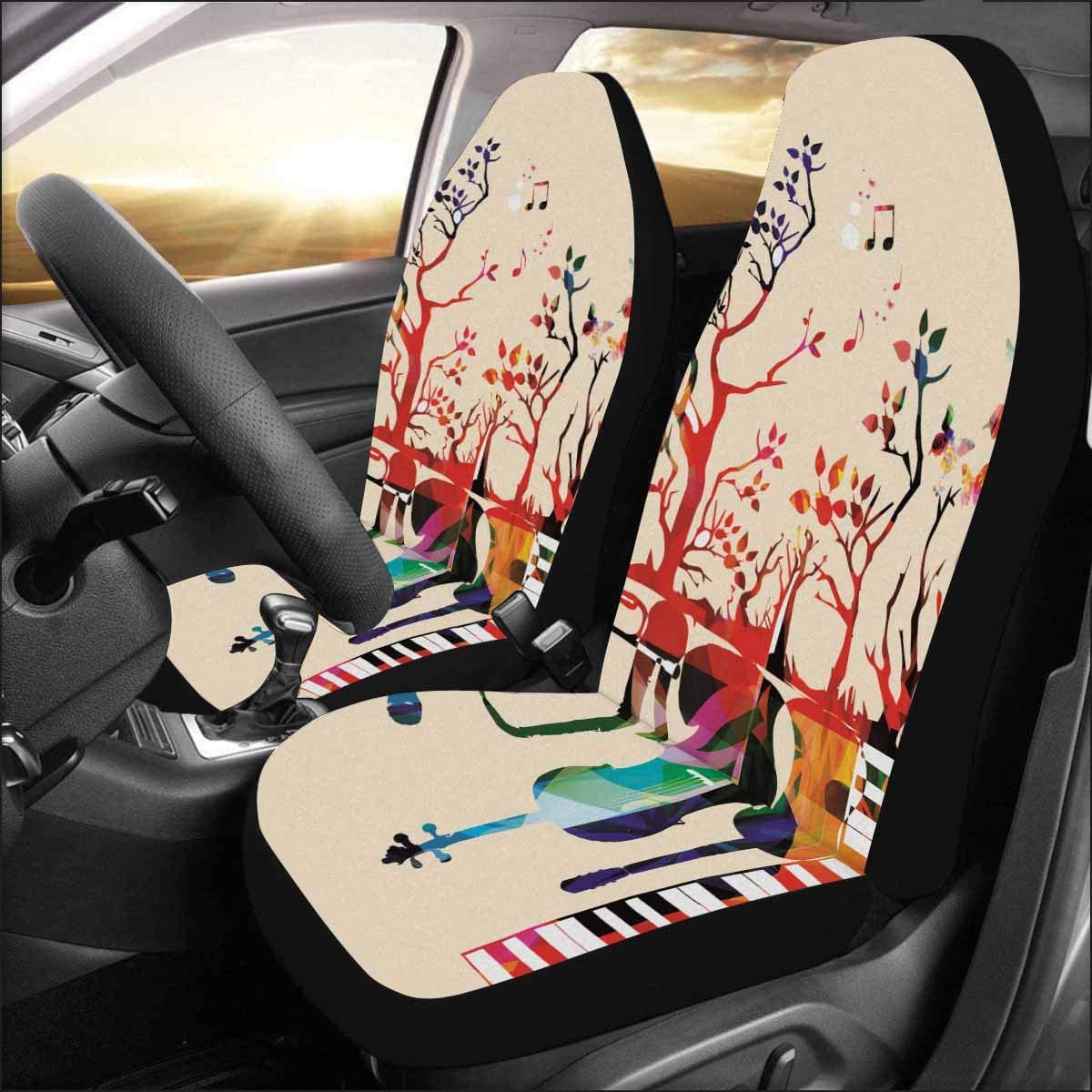 FMSHPON Set of 2 Car Seat Covers Music Instruments Piano Keyboard Guitar Trumpet Microphone Saxophone Violoncello Universal Auto Front Seats Protector Fits for Car，SUV Sedan，Truck