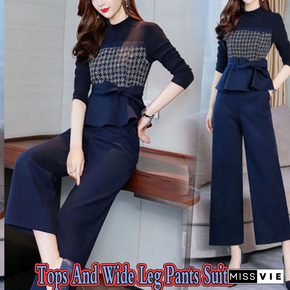 Autumn Winter Elegant Two Piece Sets Outfits Women Plus Size Long Sleeve Bow Tops And Wide Leg Pants Suits Office Sets