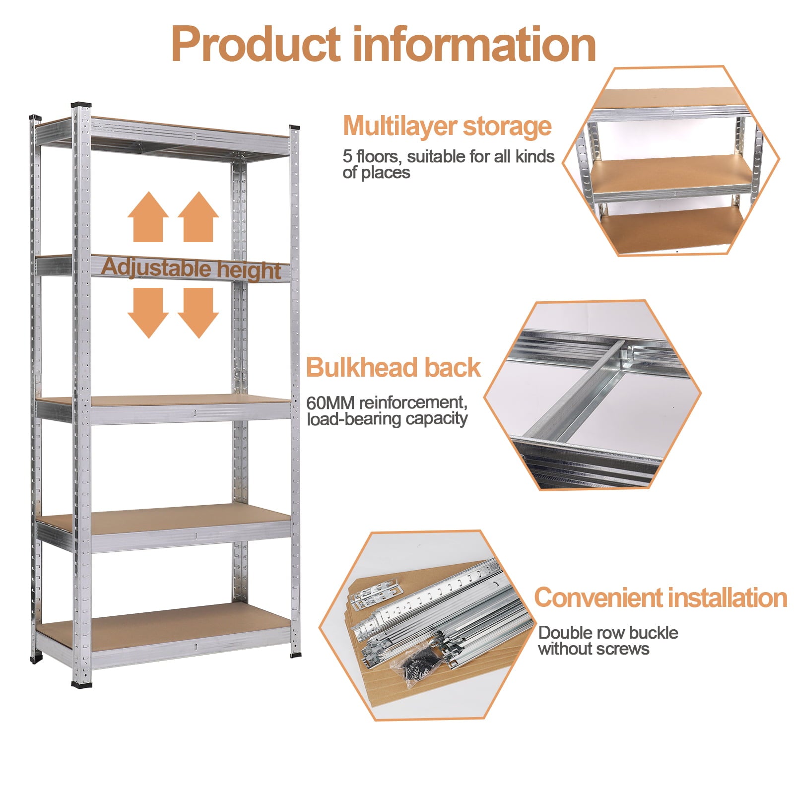 JLK-tek 5-Tier Storage Shelves, Adjustable Heavy Duty Metal Utility Shelf for Garage, Warehouse, Pantry, Closet, and Kitchen - 27.6