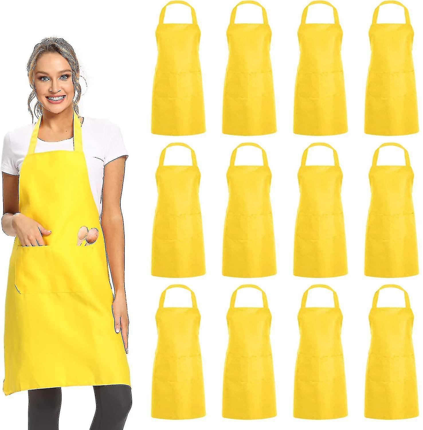 12 Pack Plain Bib Aprons With 2 Pockets - Yellow Unisex Commercial Apron Bulk For Kitchen Cooking Restaurant Bbq Painting Crafting