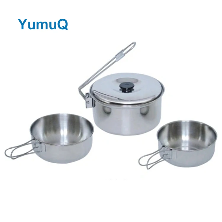 YumuQ 3 Pieces Eco friendly Stainless Steel  Cooking Pot Collapsible Camping Cookware Set For Outdoor Hiking