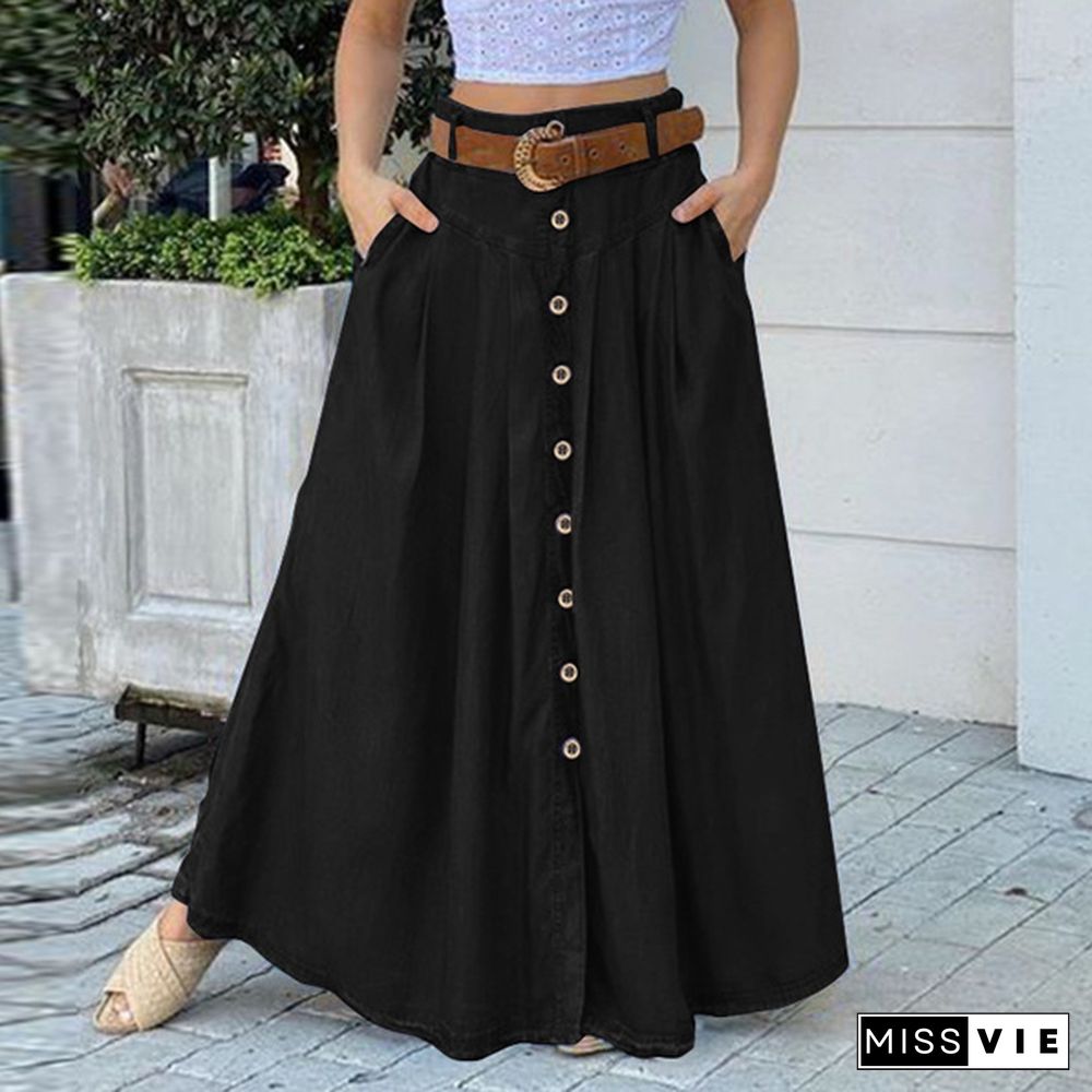 Women Elastic Waist Summer Denim Oversized Baggy Long Skirts Holiday Long Dresses