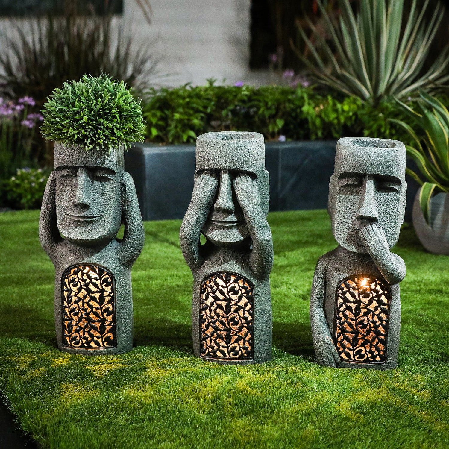 Luxen Home 21" Gray MgO Easter Island Garden Statues (3 Pieces)