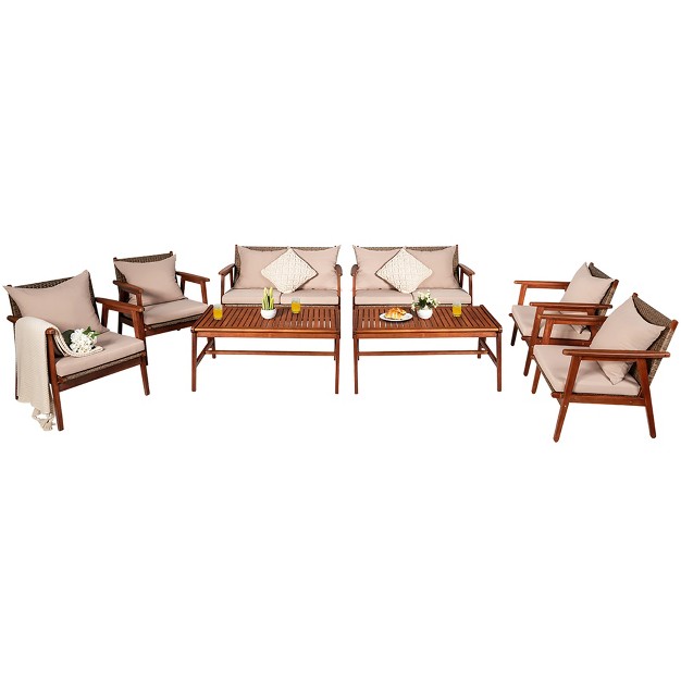 Costway 8pcs Patio Rattan Furniture Set Acacia Wood Frame Cushioned Sofa Chair Garden