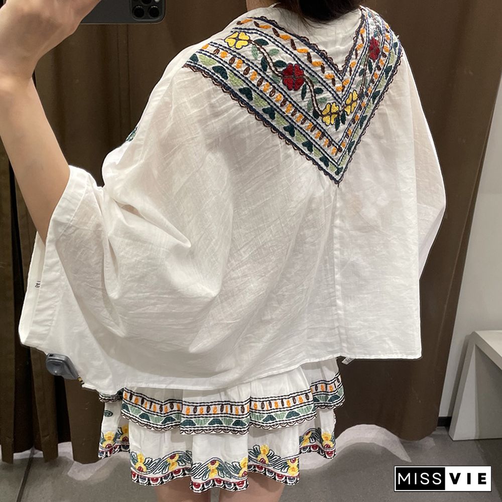 {}Y2k TA AF Zar Women's Summer Blouses Loose Batwing Sleeve Short Shirt Buttoned Retro Embroidered Shirt Top Casual Cardigan