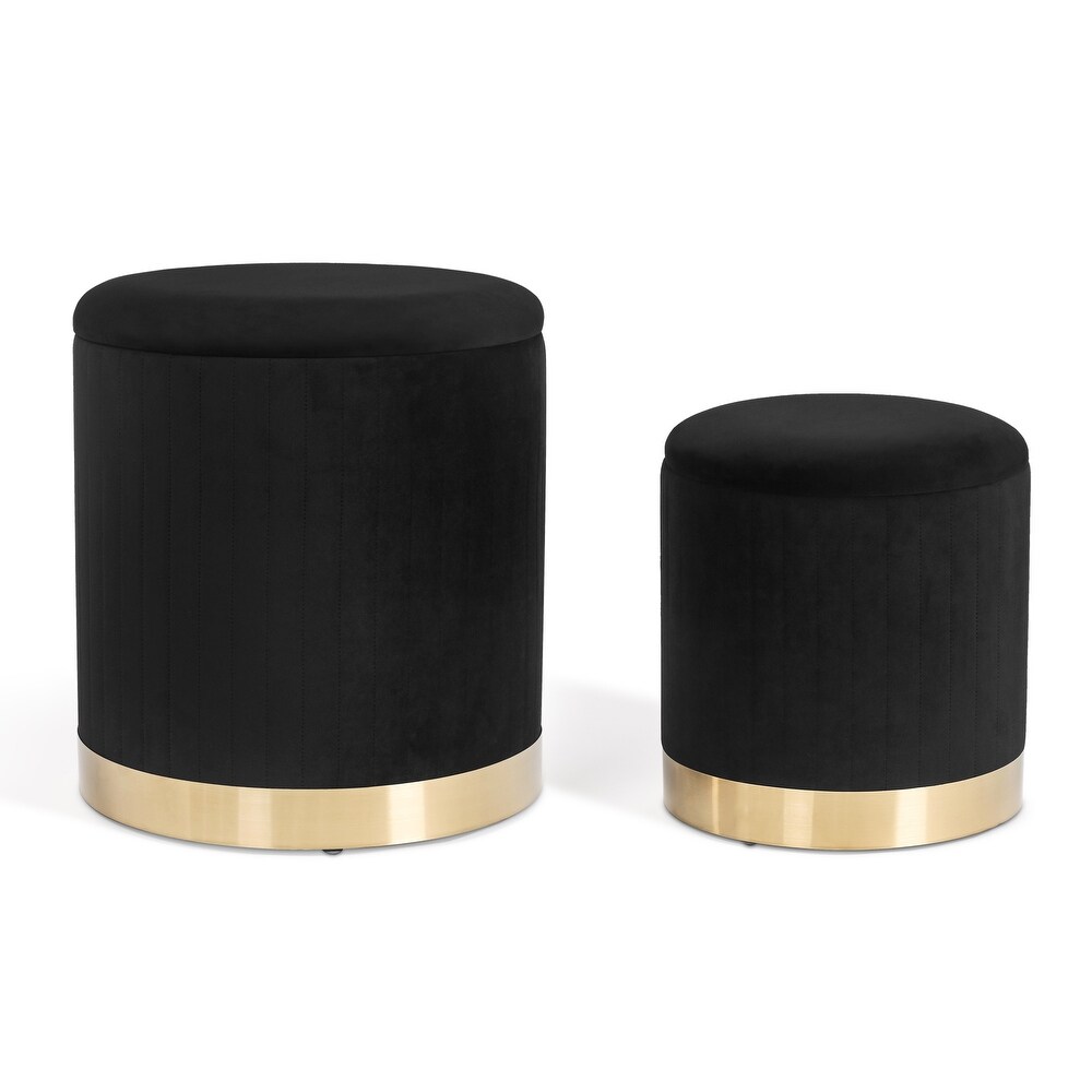 Adeco Round Velvet Storage Ottoman Vanity Stool Footstool (Pack of 2)