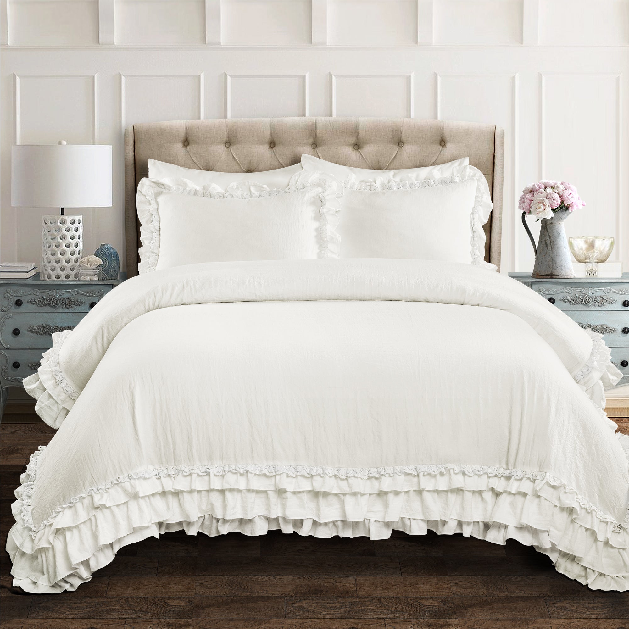 Bedding Bundle: Garden Of Flowers Ruffle Sheet Set + Ella Ruffle Lace Comforter Set