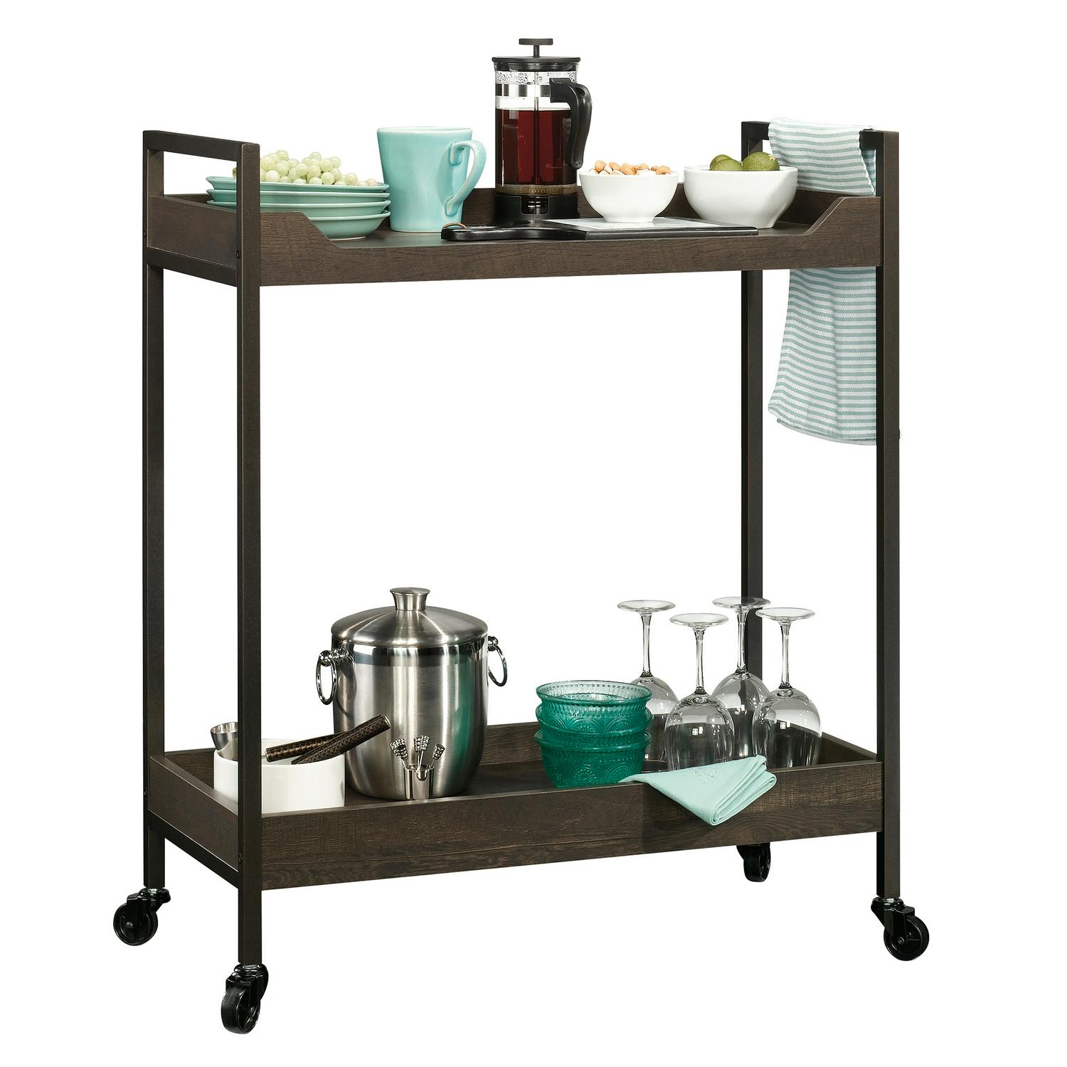 Curiod Rolling 2-Shelf Metal Framed Wood Kitchen Bar Cart， Smoked Oak Finish