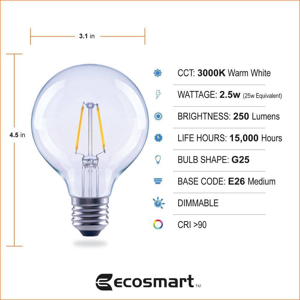 EcoSmart 25-Watt Equivalent G25 Dimmable Globe Clear Glass Filament LED Vintage Edison Light Bulb Bright White (3-Pack) FG-04212