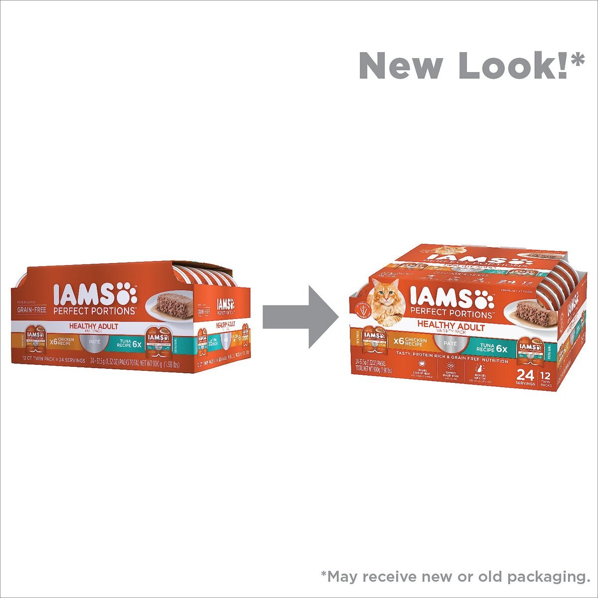 Iams Perfect Portions Healthy Adult Multipack Chicken and Tuna Recipe Pate Grain-Free Cat Food Trays