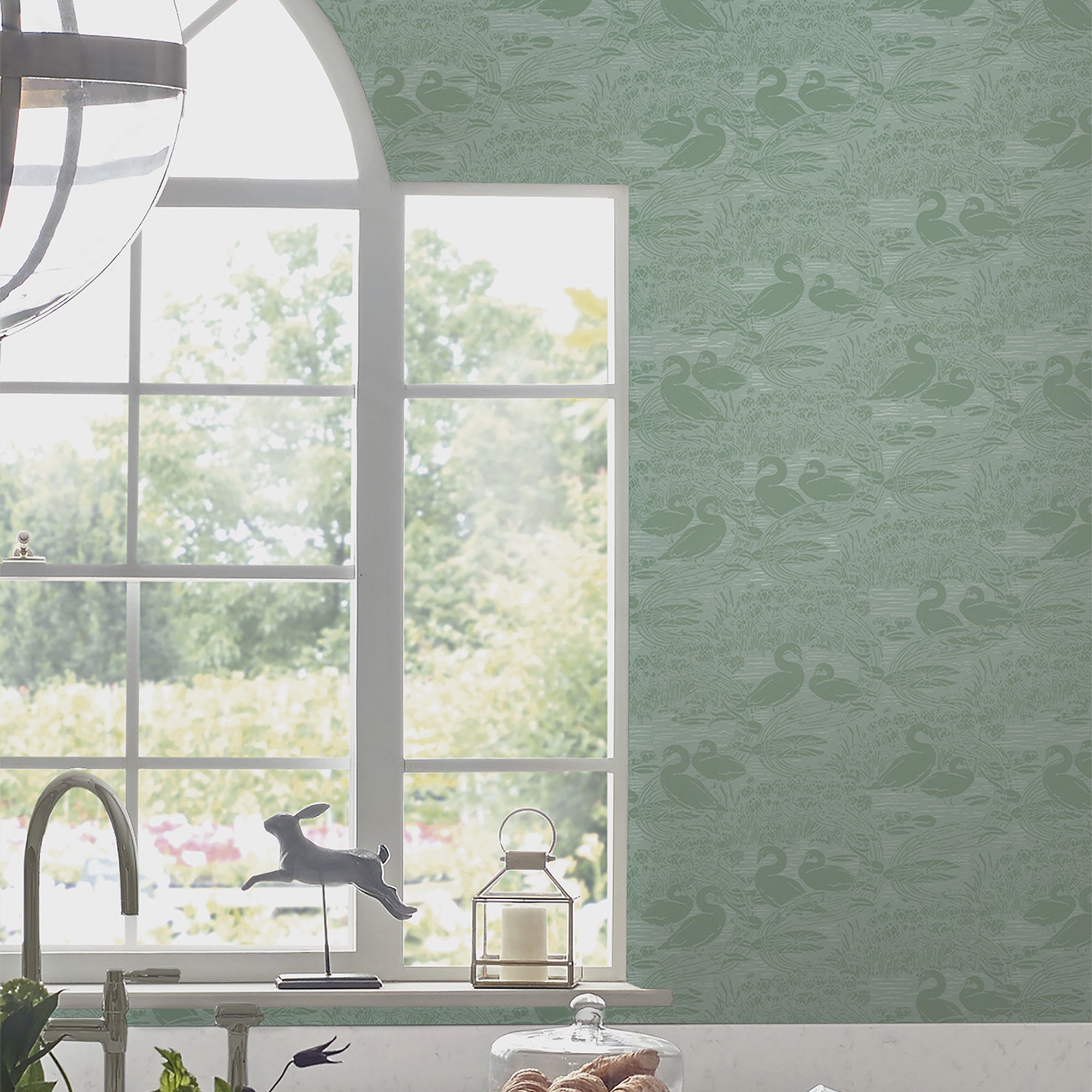 Laura Ashley Swans Jade Green Wallpaper